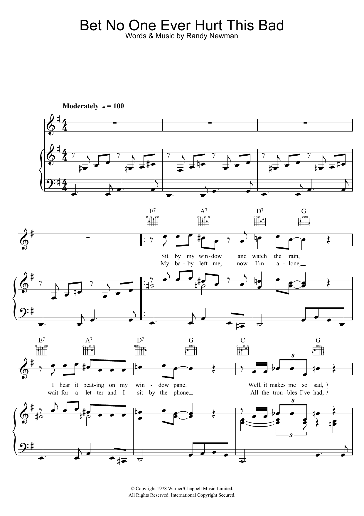 Randy Newman Bet No One Ever Hurt This Bad Sheet Music Notes & Chords for Piano, Vocal & Guitar (Right-Hand Melody) - Download or Print PDF
