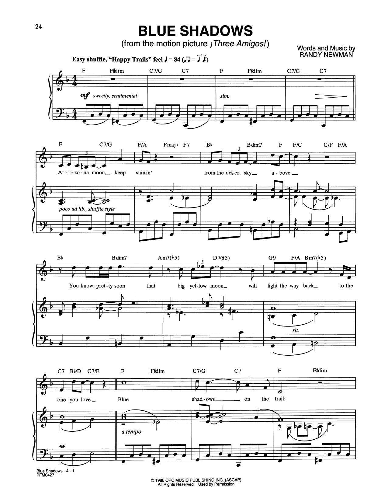 Randy Newman Blue Shadows On The Trail (from Three Amigos!) Sheet Music Notes & Chords for Piano & Vocal - Download or Print PDF