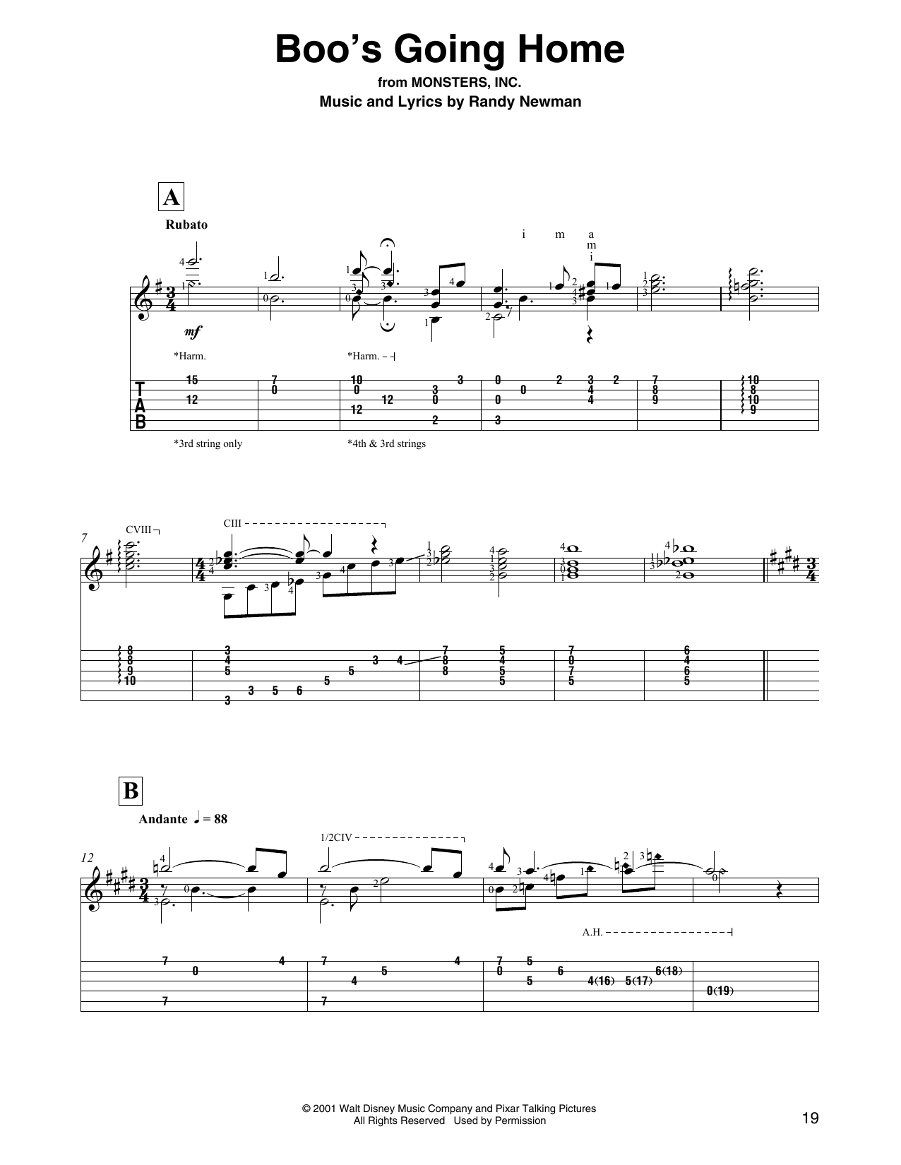 Randy Newman Boo's Going Home (from Monsters, Inc.) Sheet Music Notes & Chords for Solo Guitar - Download or Print PDF