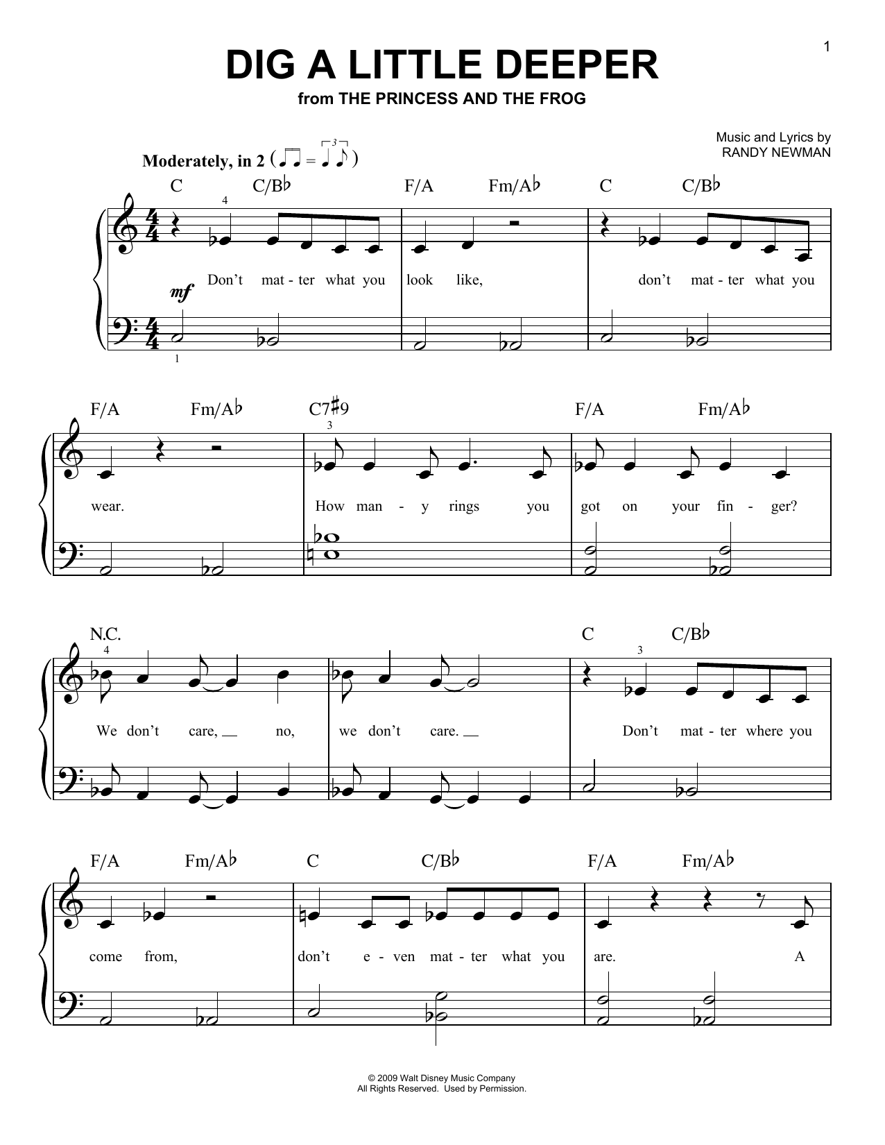 Randy Newman Dig A Little Deeper (from The Princess And The Frog) Sheet Music Notes & Chords for Very Easy Piano - Download or Print PDF