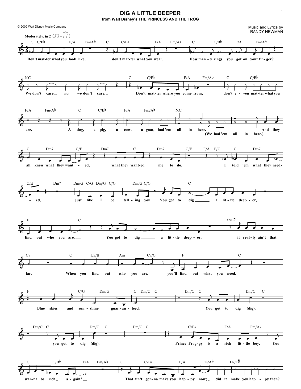 Randy Newman Dig A Little Deeper Sheet Music Notes & Chords for Melody Line, Lyrics & Chords - Download or Print PDF