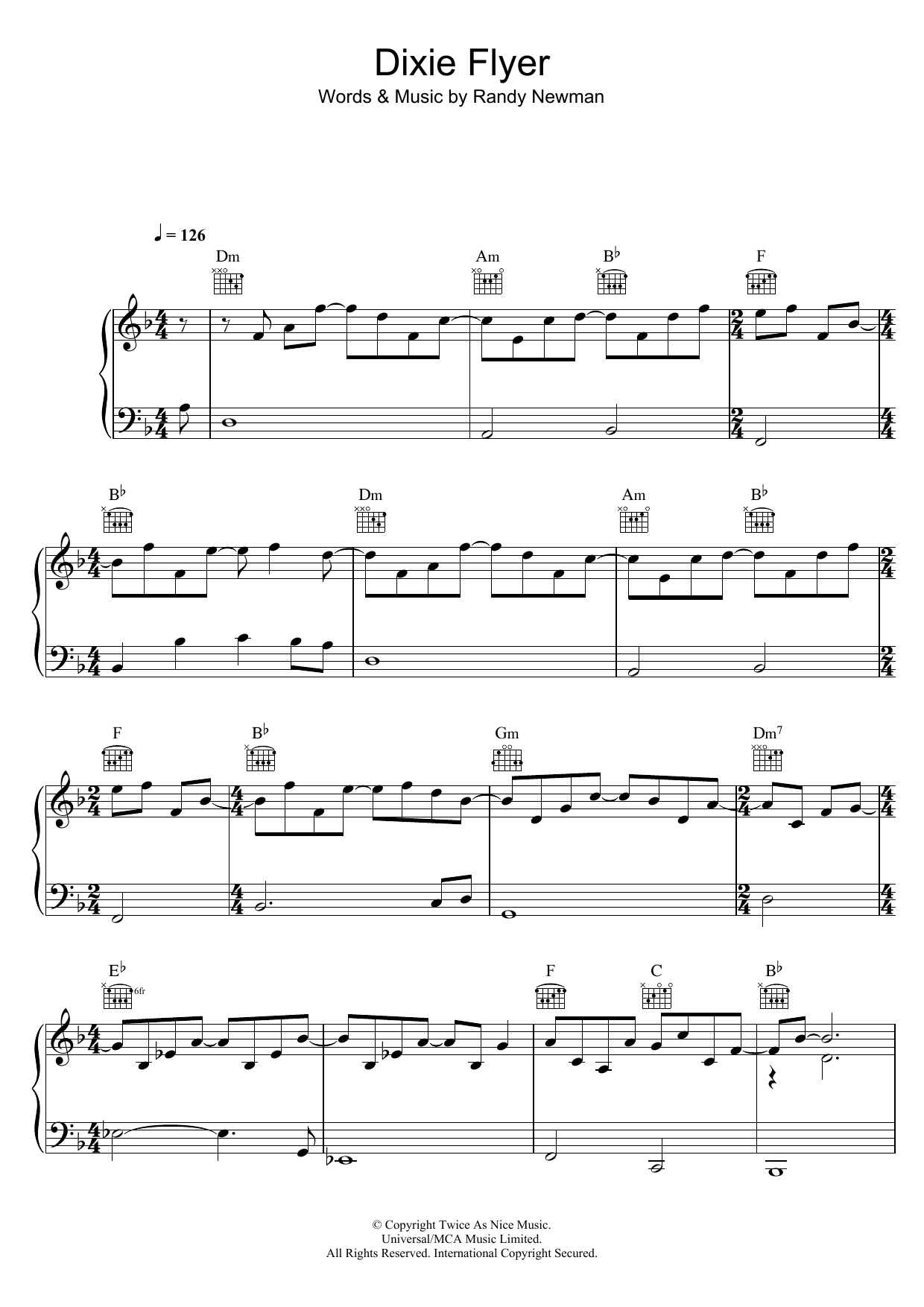 Randy Newman Dixie Flyer Sheet Music Notes & Chords for Piano, Vocal & Guitar - Download or Print PDF