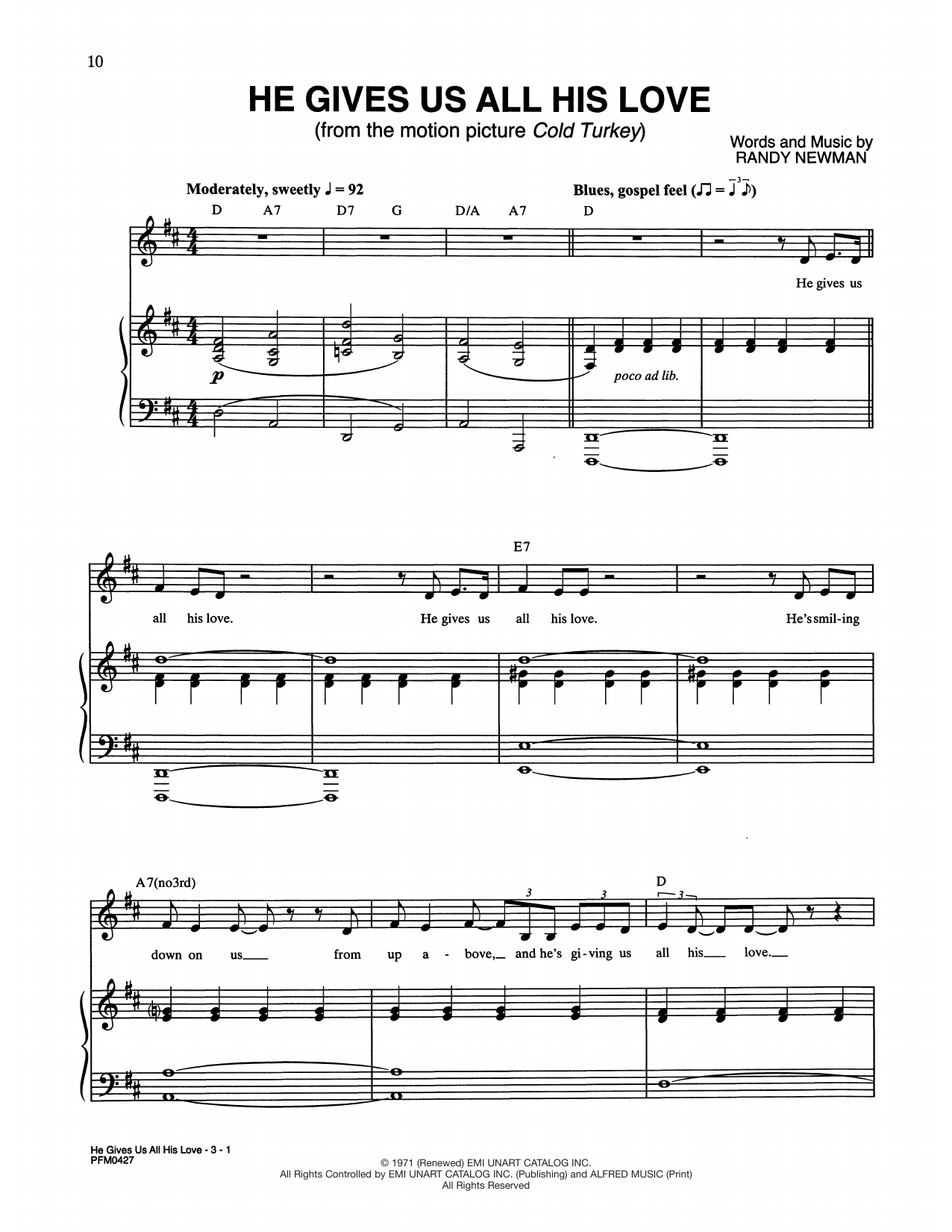 Randy Newman He Gives Us All His Love (from Cold Turkey) Sheet Music Notes & Chords for Piano & Vocal - Download or Print PDF