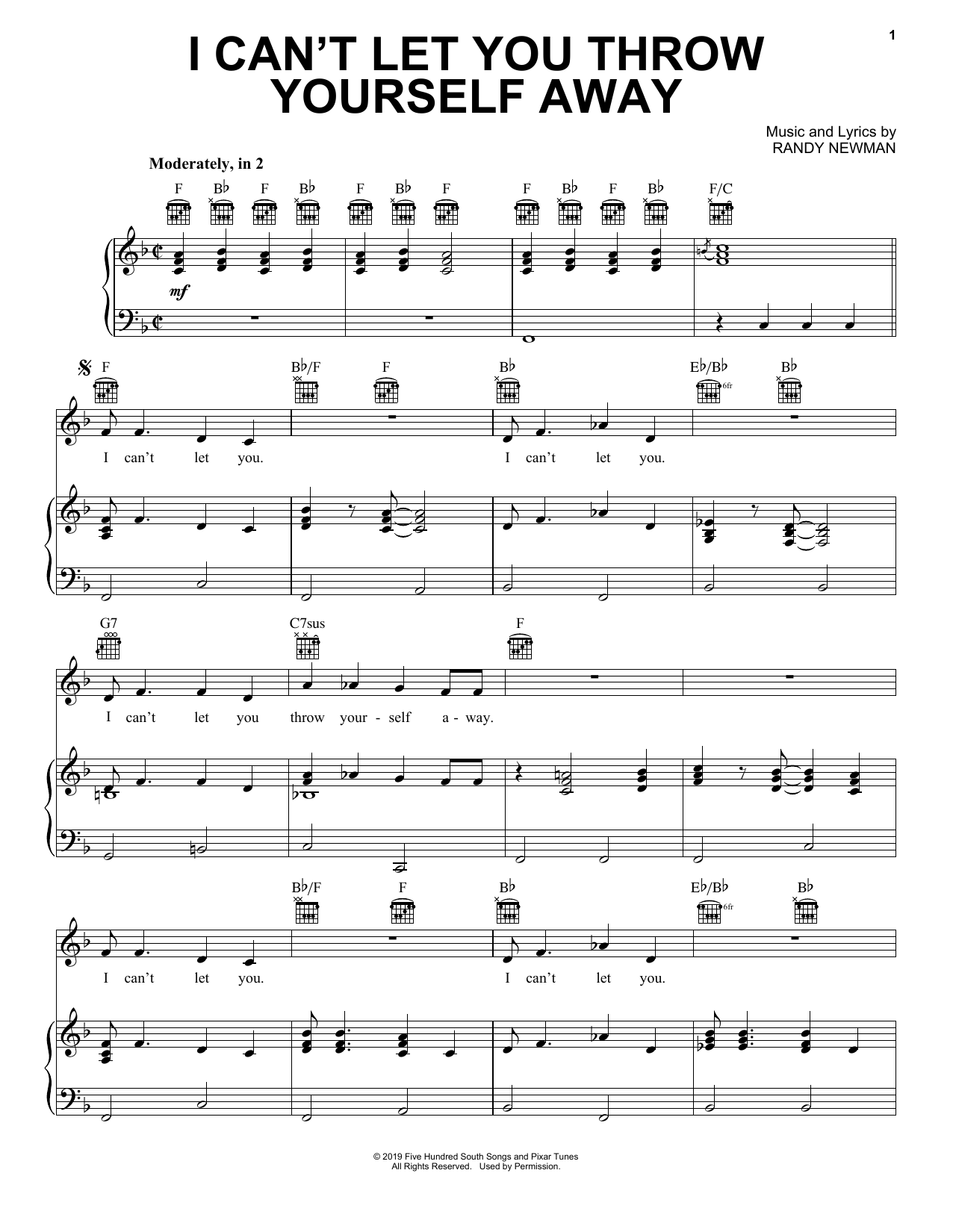 Randy Newman I Can't Let You Throw Yourself Away (from Toy Story 4) Sheet Music Notes & Chords for Piano, Vocal & Guitar (Right-Hand Melody) - Download or Print PDF