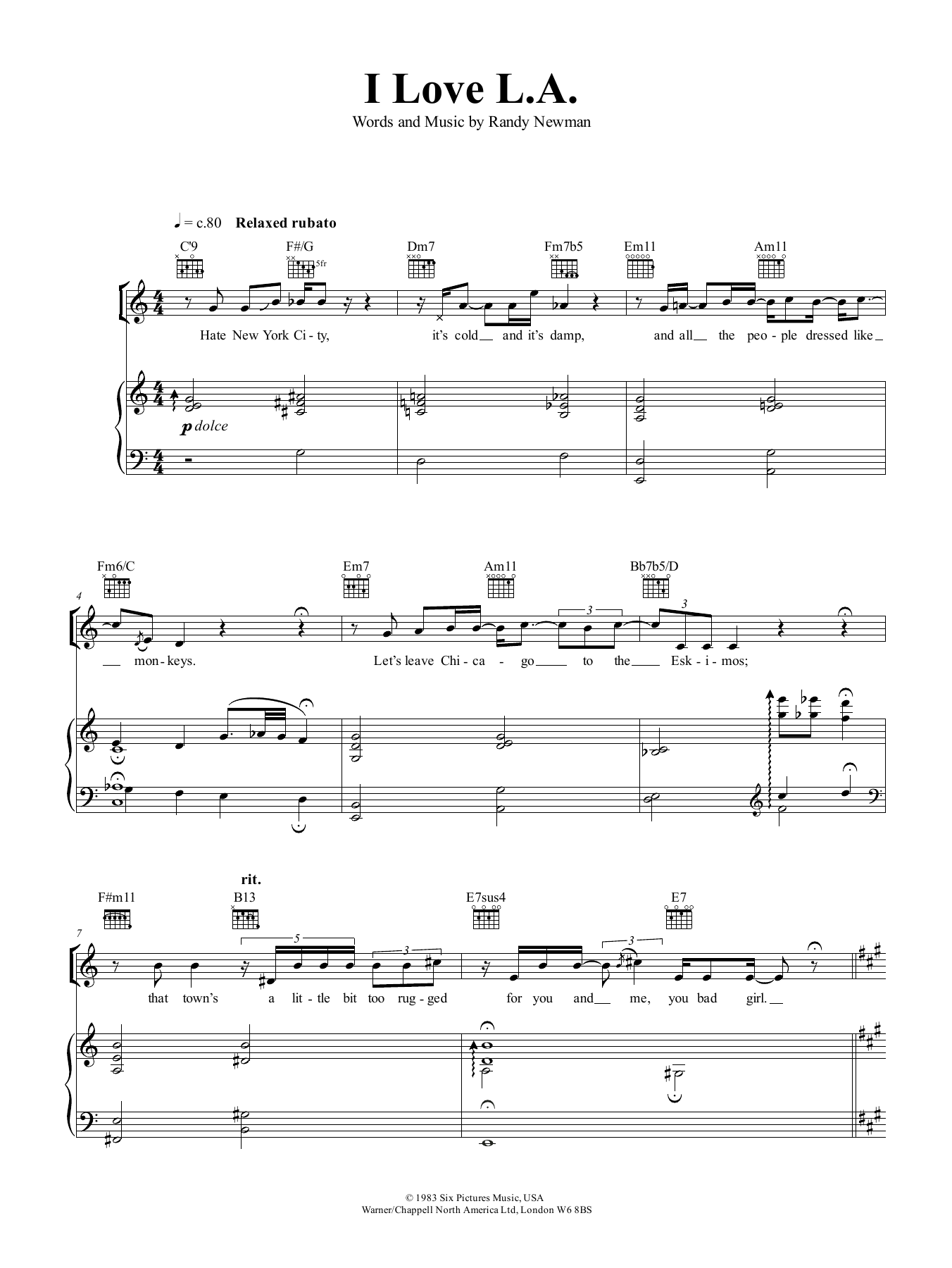 Randy Newman I Love L.A. Sheet Music Notes & Chords for Piano, Vocal & Guitar (Right-Hand Melody) - Download or Print PDF