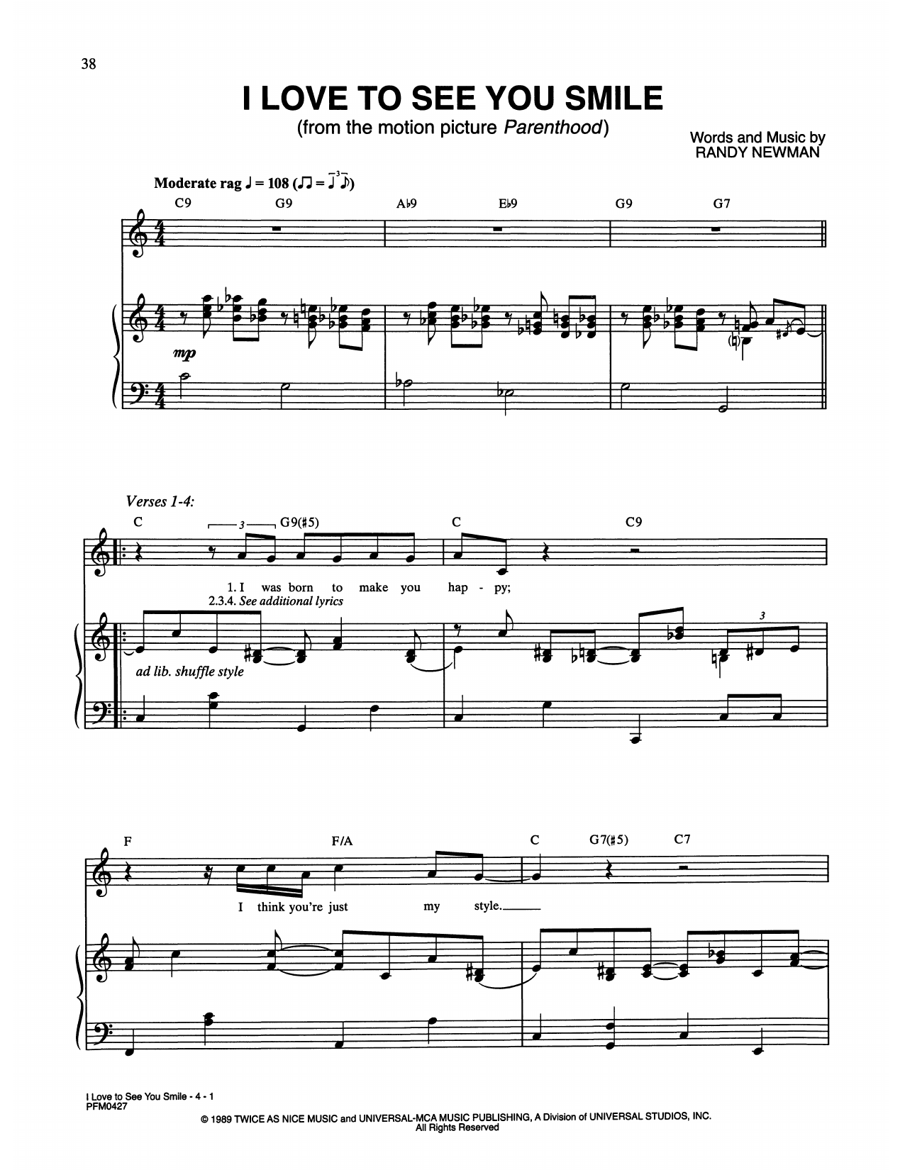 Randy Newman I Love To See You Smile (from Parenthood) Sheet Music Notes & Chords for Piano & Vocal - Download or Print PDF