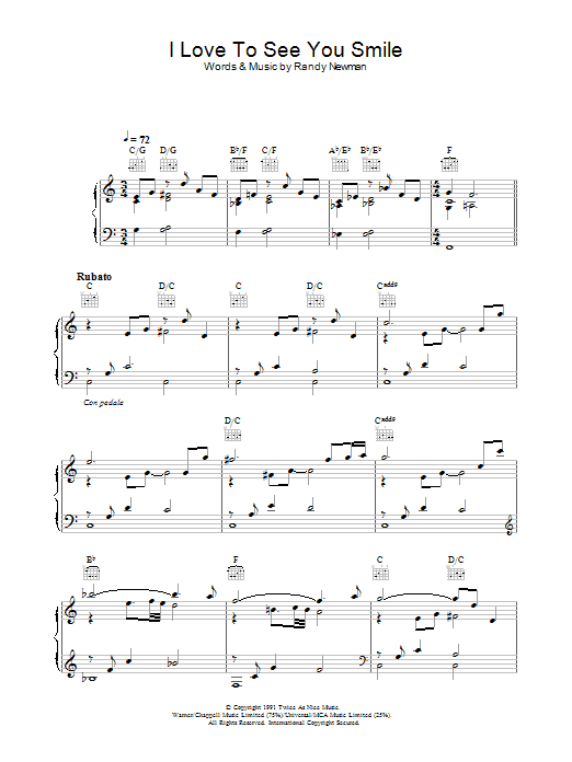 Randy Newman I Love To See You Smile Sheet Music Notes & Chords for Piano, Vocal & Guitar - Download or Print PDF