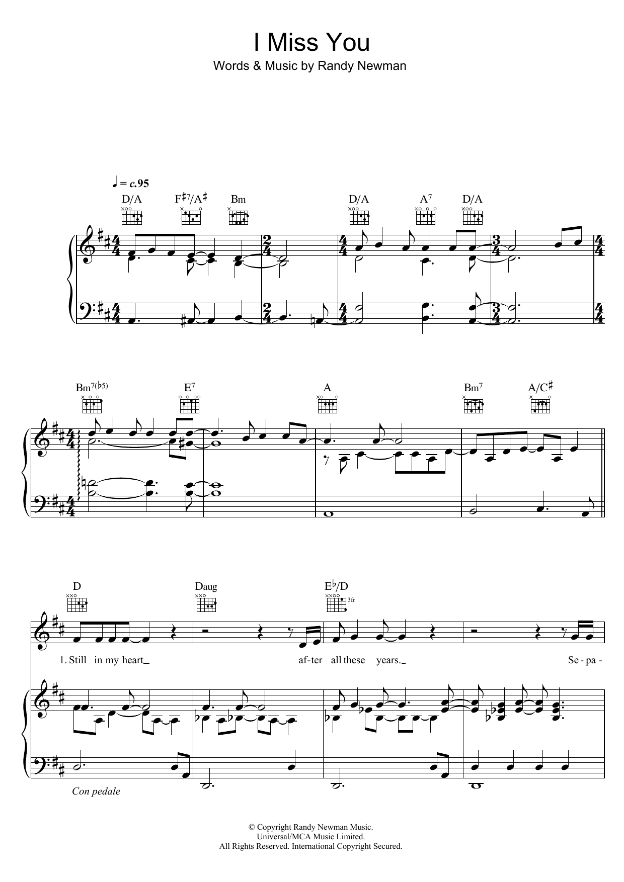 Randy Newman I Miss You Sheet Music Notes & Chords for Piano, Vocal & Guitar - Download or Print PDF Randy Newman I Miss You Sheet Music Notes & Chords for Piano, Vocal & Guitar - Download or Print PDF