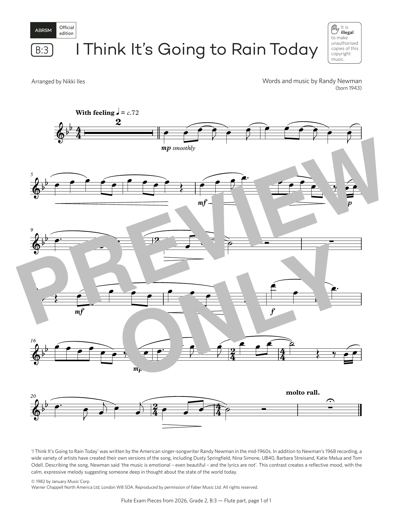 Randy Newman I Think It's Going to Rain Today (Grade 2, list B3, from the ABRSM Flute Syllabus from 2026) Sheet Music Notes & Chords for Flute Solo - Download or Print PDF Randy Newman I Think It's Going to Rain Today (Grade 2, list B3, from the ABRSM Flute Syllabus from 2026) Sheet Music Notes & Chords for Flute Solo - Download or Print PDF