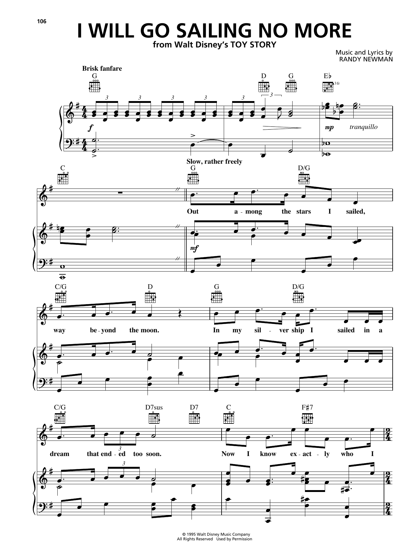 Randy Newman I Will Go Sailing No More (from Disney's Toy Story) Sheet Music Notes & Chords for Piano, Vocal & Guitar (Right-Hand Melody) - Download or Print PDF