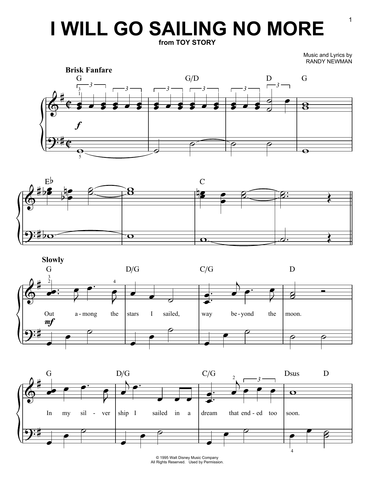 Randy Newman I Will Go Sailing No More (from Toy Story) Sheet Music Notes & Chords for Easy Piano - Download or Print PDF