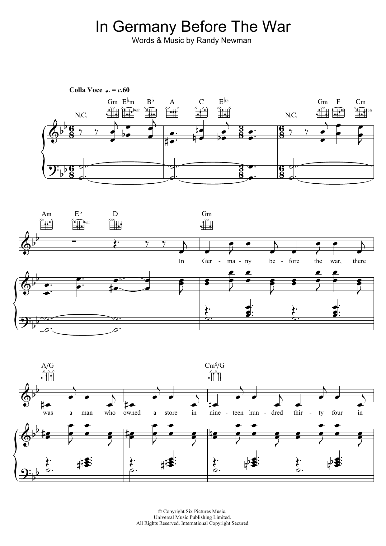 Randy Newman In Germany Before The War Sheet Music Notes & Chords for Piano, Vocal & Guitar - Download or Print PDF
