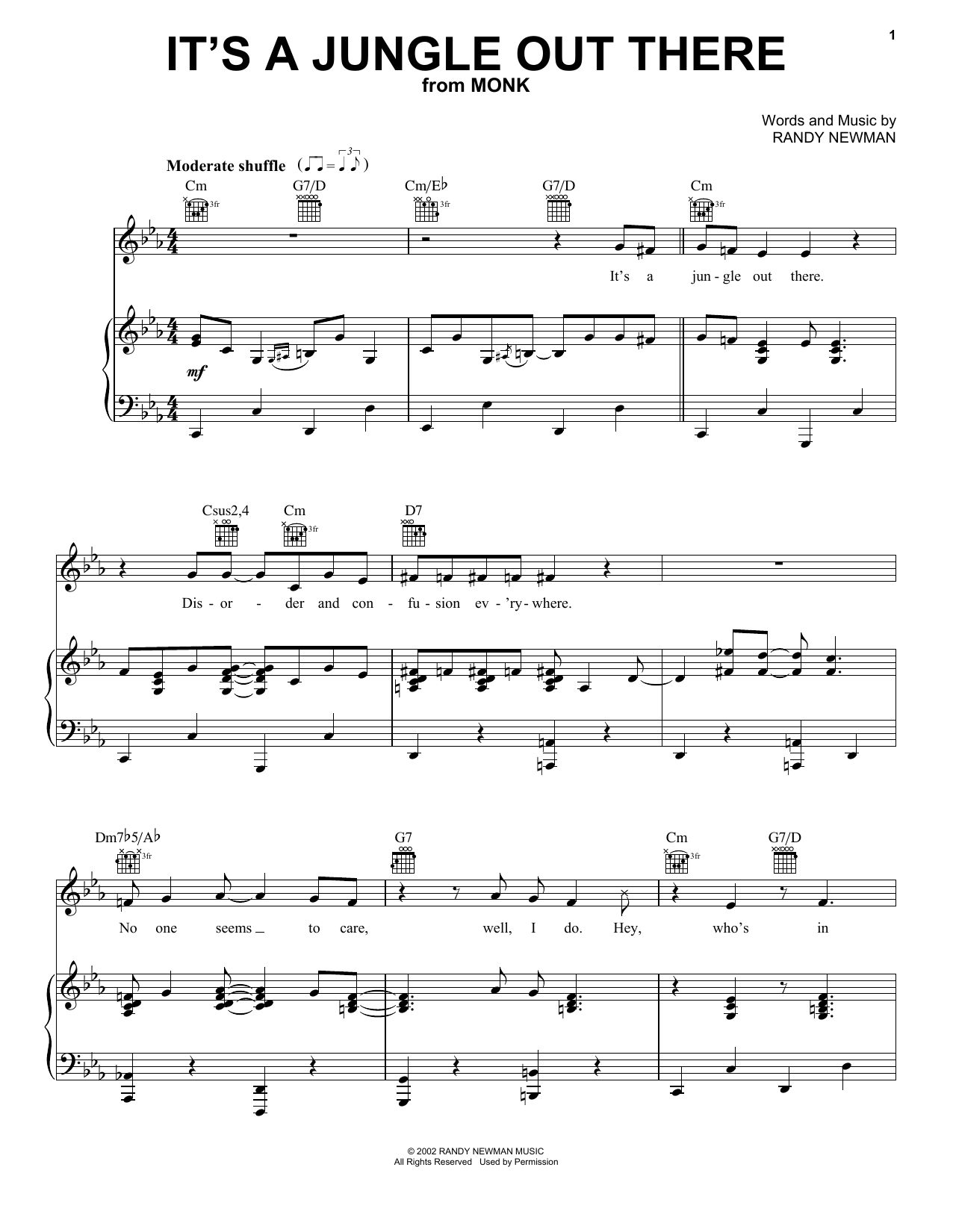 Randy Newman It's A Jungle Out There (from Monk) Sheet Music Notes & Chords for Piano & Vocal - Download or Print PDF