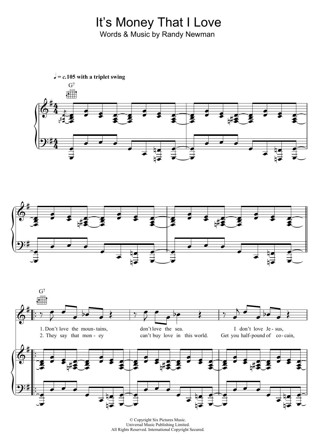 Randy Newman It's Money That I Love Sheet Music Notes & Chords for Piano, Vocal & Guitar - Download or Print PDF