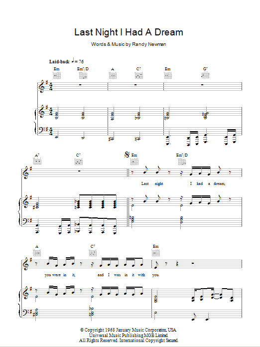 Randy Newman Last Night I Had A Dream Sheet Music Notes & Chords for Piano, Vocal & Guitar (Right-Hand Melody) - Download or Print PDF