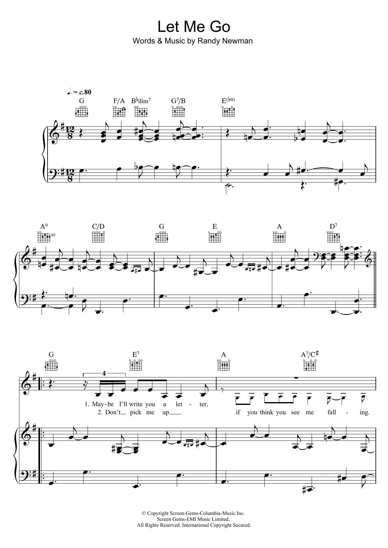 Randy Newman Let Me Go Sheet Music Notes & Chords for Piano, Vocal & Guitar - Download or Print PDF