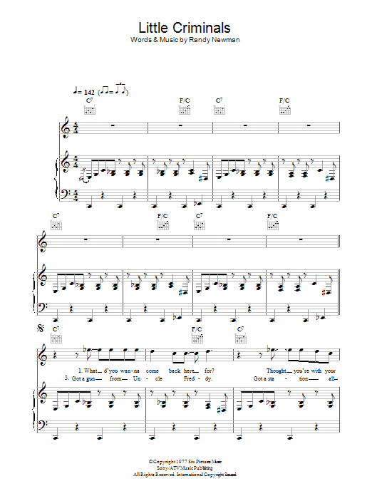 Randy Newman Little Criminals Sheet Music Notes & Chords for Piano, Vocal & Guitar - Download or Print PDF