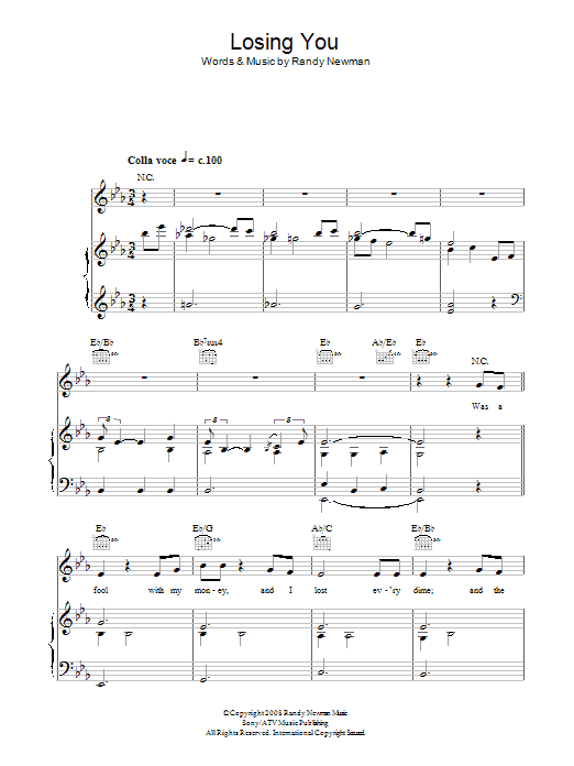 Randy Newman Losing You Sheet Music Notes & Chords for Piano, Vocal & Guitar - Download or Print PDF