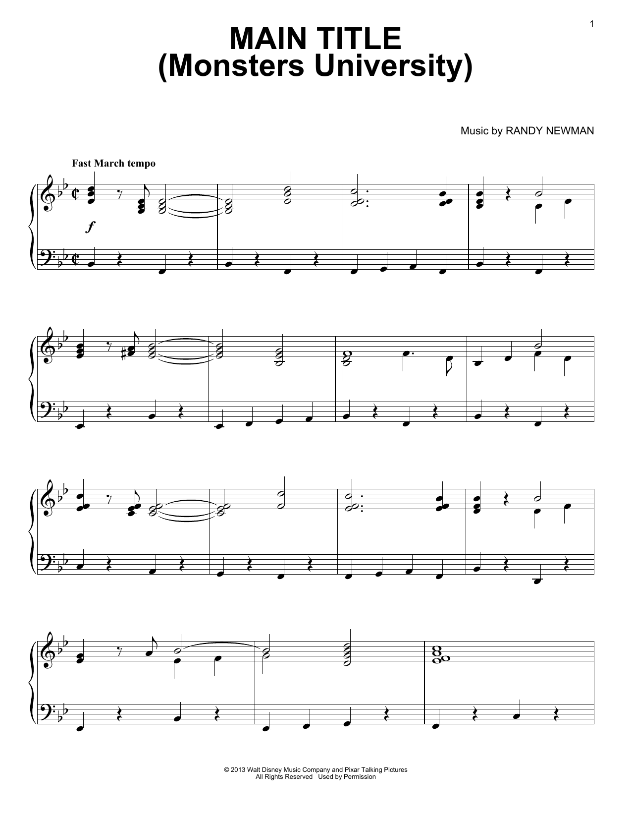 Randy Newman Main Title (Monsters University) Sheet Music Notes & Chords for Piano - Download or Print PDF