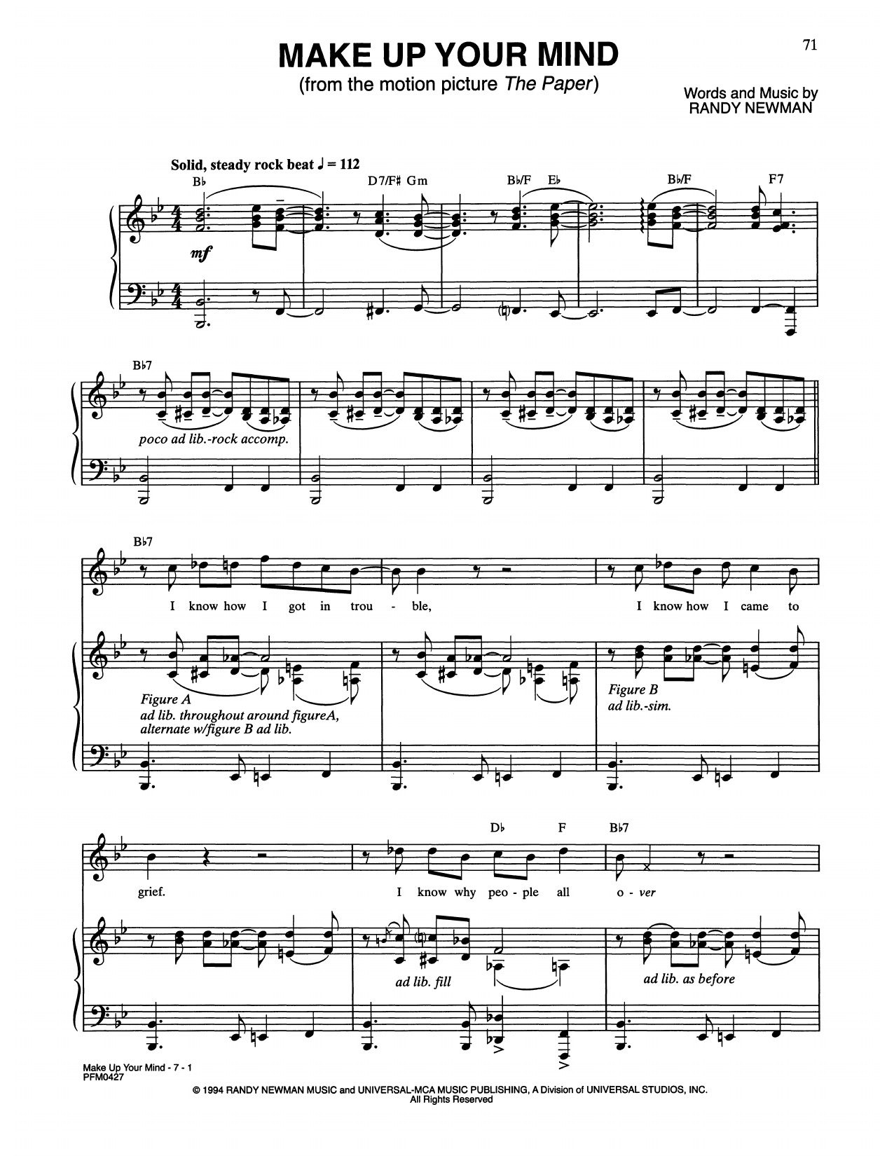 Randy Newman Make Up Your Mind (from The Paper) Sheet Music Notes & Chords for Piano & Vocal - Download or Print PDF