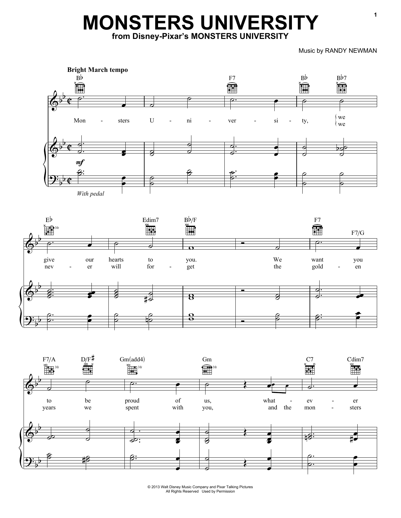 Randy Newman Monsters University Sheet Music Notes & Chords for Piano, Vocal & Guitar (Right-Hand Melody) - Download or Print PDF