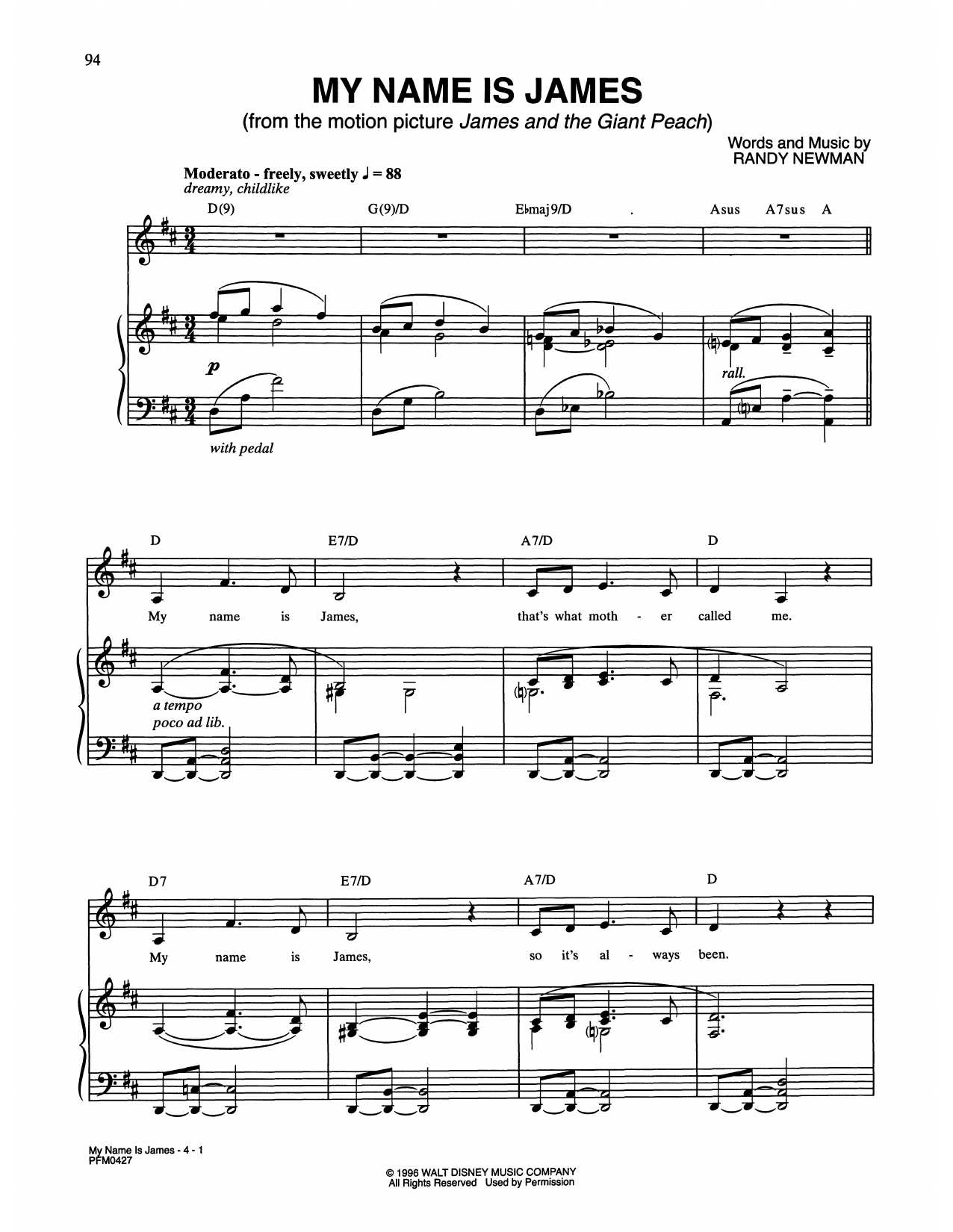 Randy Newman My Name Is James (from James and the Giant Peach) Sheet Music Notes & Chords for Piano & Vocal - Download or Print PDF