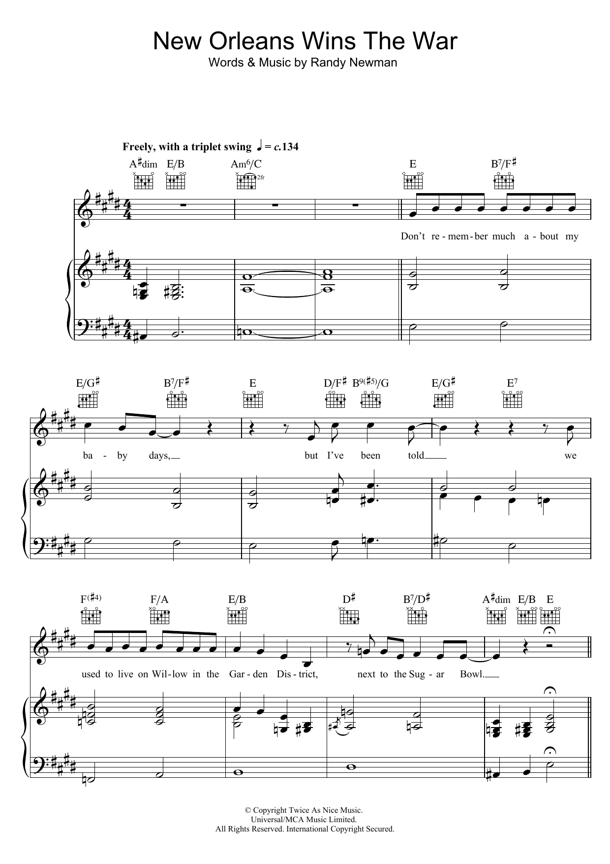 Randy Newman New Orleans Wins The War Sheet Music Notes & Chords for Piano, Vocal & Guitar - Download or Print PDF