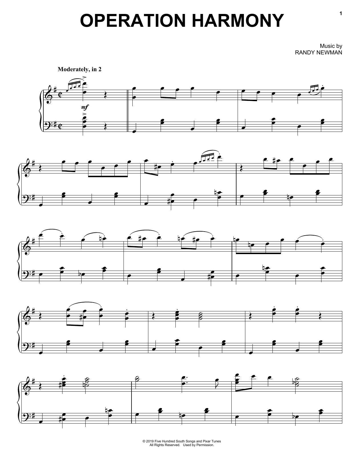 Randy Newman Operation Harmony (from Toy Story 4) Sheet Music Notes & Chords for Piano Solo - Download or Print PDF
