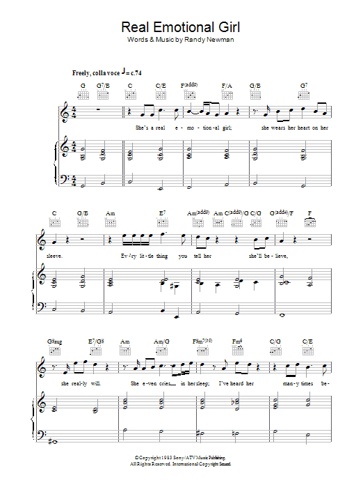 Randy Newman Real Emotional Girl Sheet Music Notes & Chords for Piano, Vocal & Guitar - Download or Print PDF