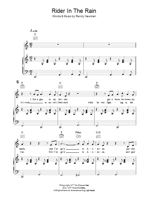 Randy Newman Rider In The Rain Sheet Music Notes & Chords for Piano, Vocal & Guitar - Download or Print PDF