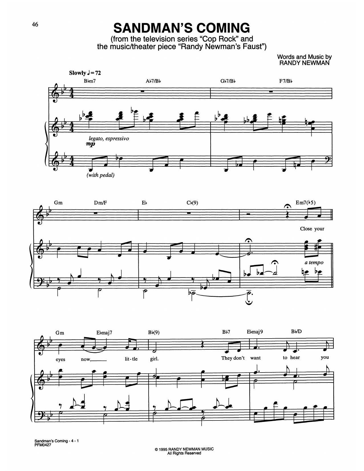 Randy Newman Sandman's Coming (from Cop Rock) Sheet Music Notes & Chords for Piano & Vocal - Download or Print PDF