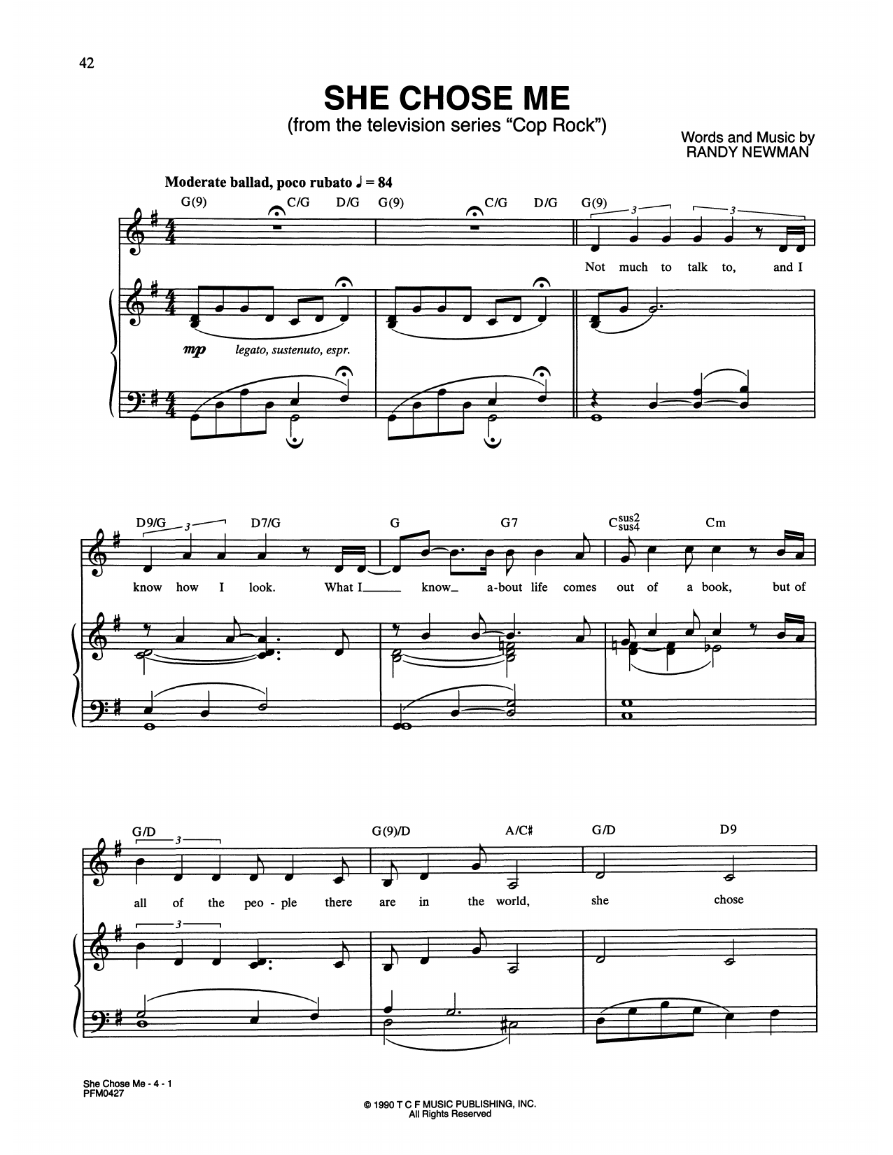 Randy Newman She Chose Me (from Cop Rock) Sheet Music Notes & Chords for Piano & Vocal - Download or Print PDF