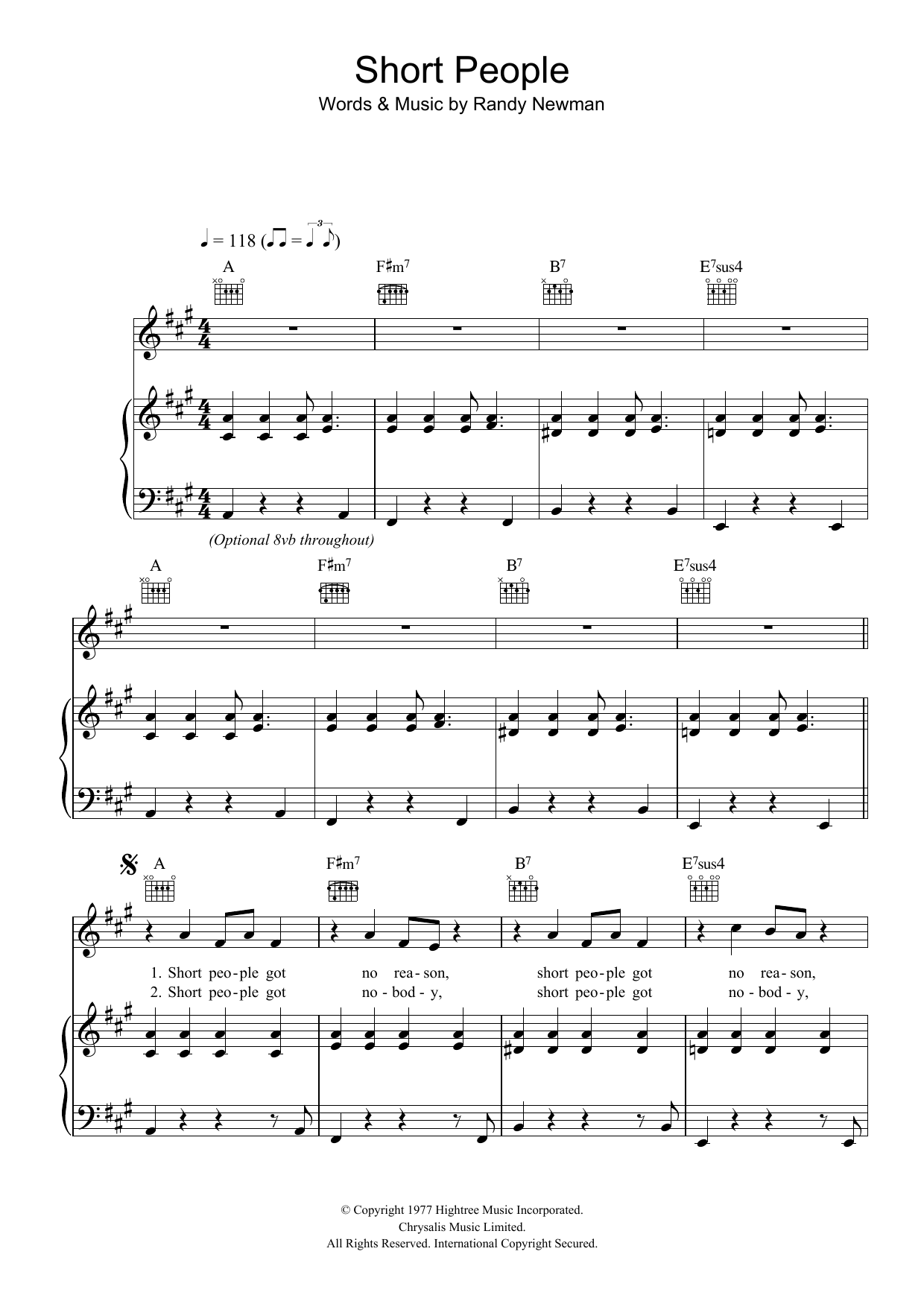 Randy Newman Short People Sheet Music Notes & Chords for Piano, Vocal & Guitar - Download or Print PDF