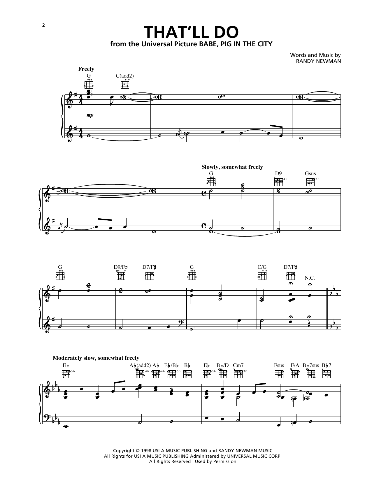 Randy Newman That'll Do (from Babe: Pig in the City) Sheet Music Notes & Chords for Piano, Vocal & Guitar (Right-Hand Melody) - Download or Print PDF