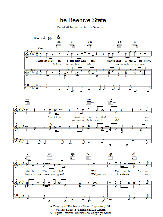 Randy Newman The Beehive State Sheet Music Notes & Chords for Piano, Vocal & Guitar (Right-Hand Melody) - Download or Print PDF