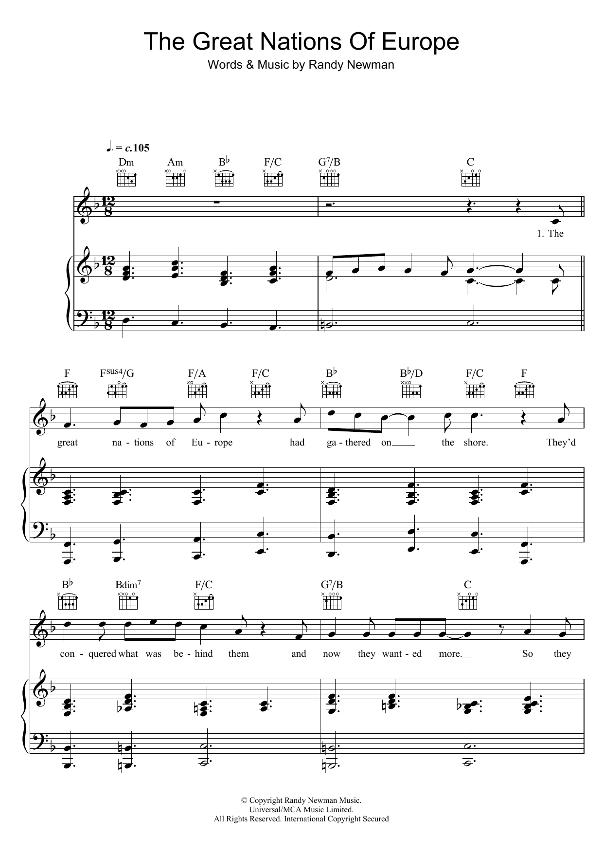 Randy Newman The Great Nations Of Europe Sheet Music Notes & Chords for Piano, Vocal & Guitar - Download or Print PDF