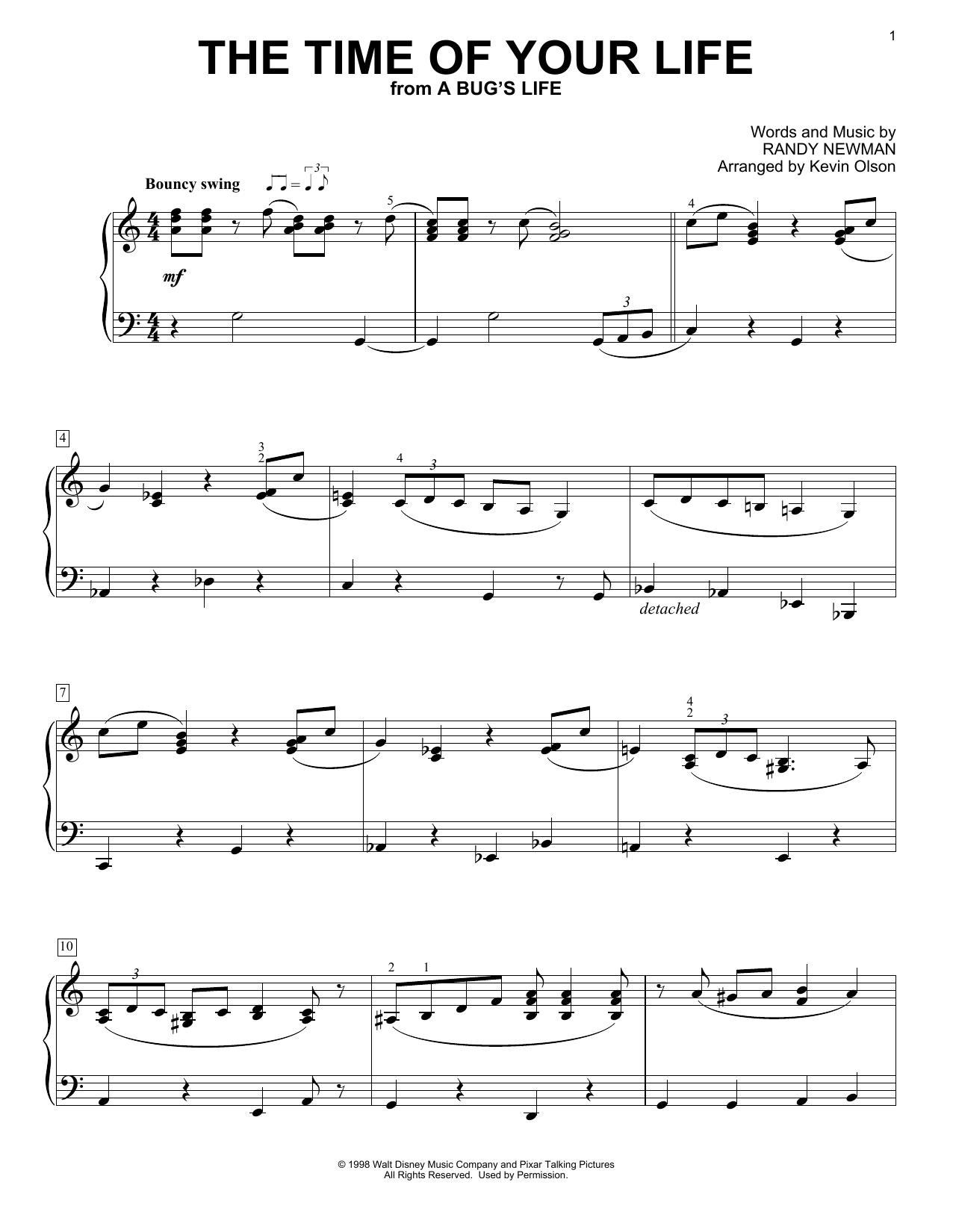 Randy Newman The Time Of Your Life (from A Bug's Life) (arr. Kevin Olson) Sheet Music Notes & Chords for Easy Piano Solo - Download or Print PDF