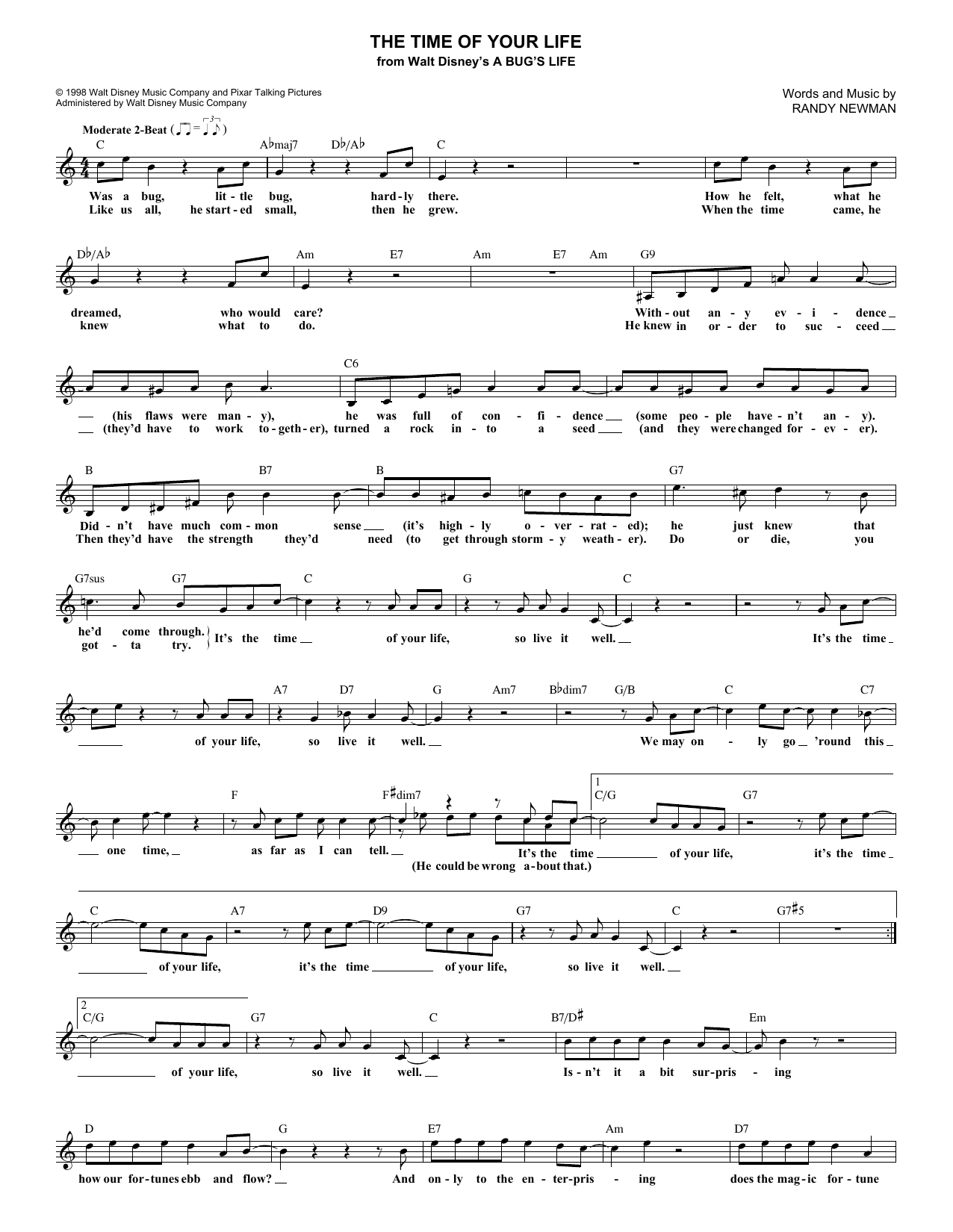 Randy Newman The Time Of Your Life (from A Bug's Life) Sheet Music Notes & Chords for Piano & Vocal - Download or Print PDF