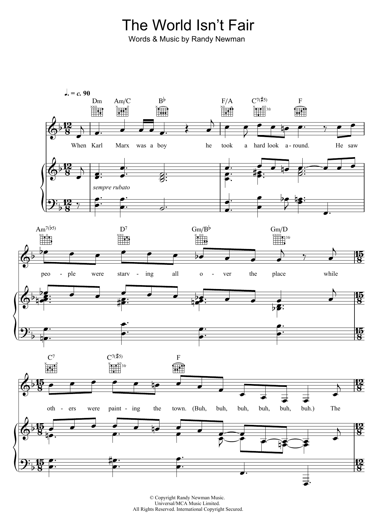 Randy Newman The World Isn't Fair Sheet Music Notes & Chords for Piano, Vocal & Guitar - Download or Print PDF