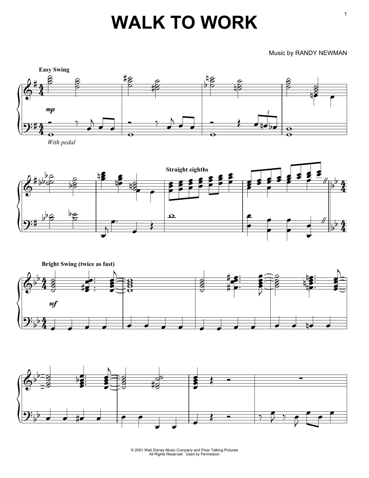 Randy Newman Walk To Work (from Monsters, Inc.) Sheet Music Notes & Chords for Piano - Download or Print PDF
