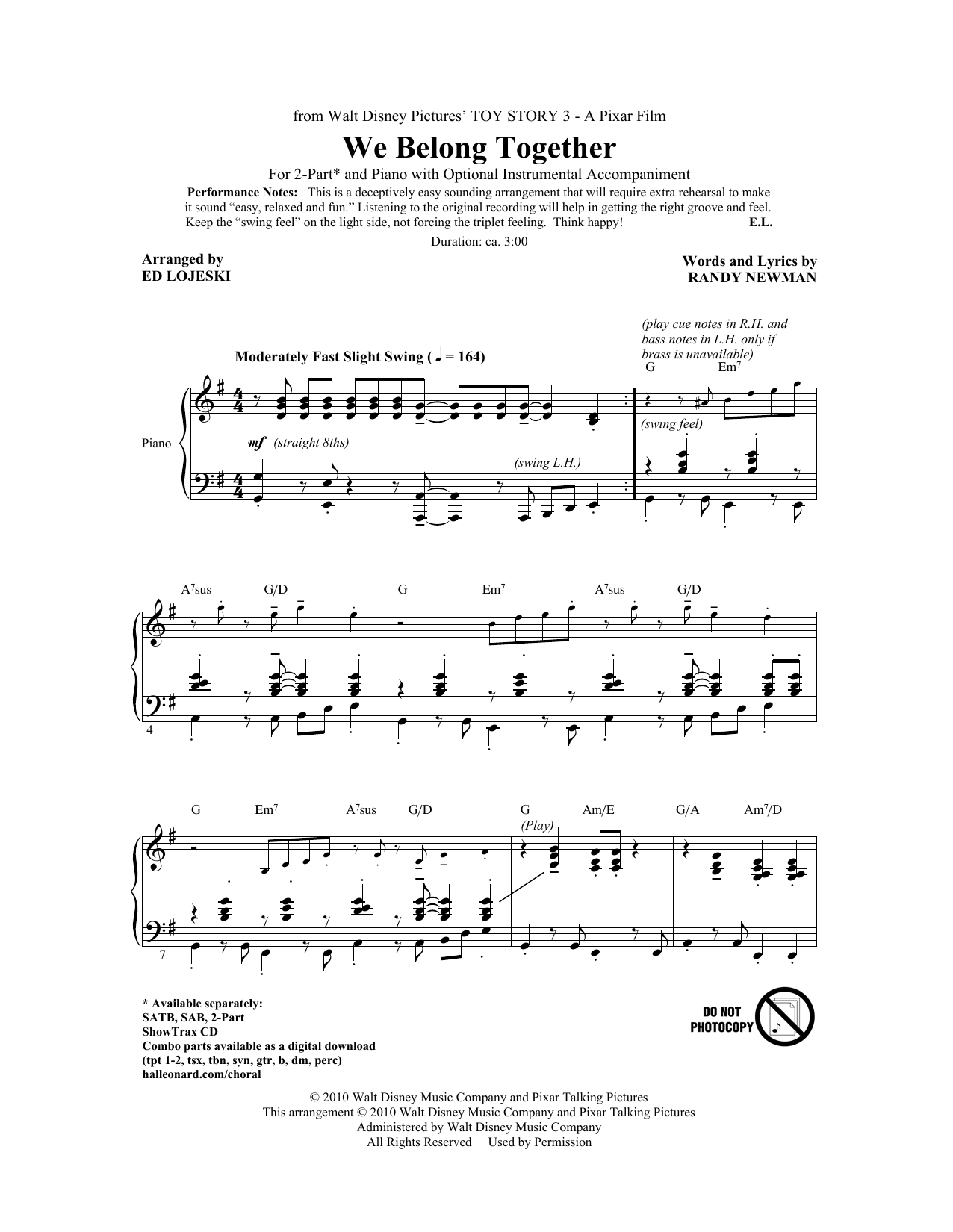 Randy Newman We Belong Together (from Toy Story 3) (arr. Ed Lojeski) Sheet Music Notes & Chords for 2-Part Choir - Download or Print PDF