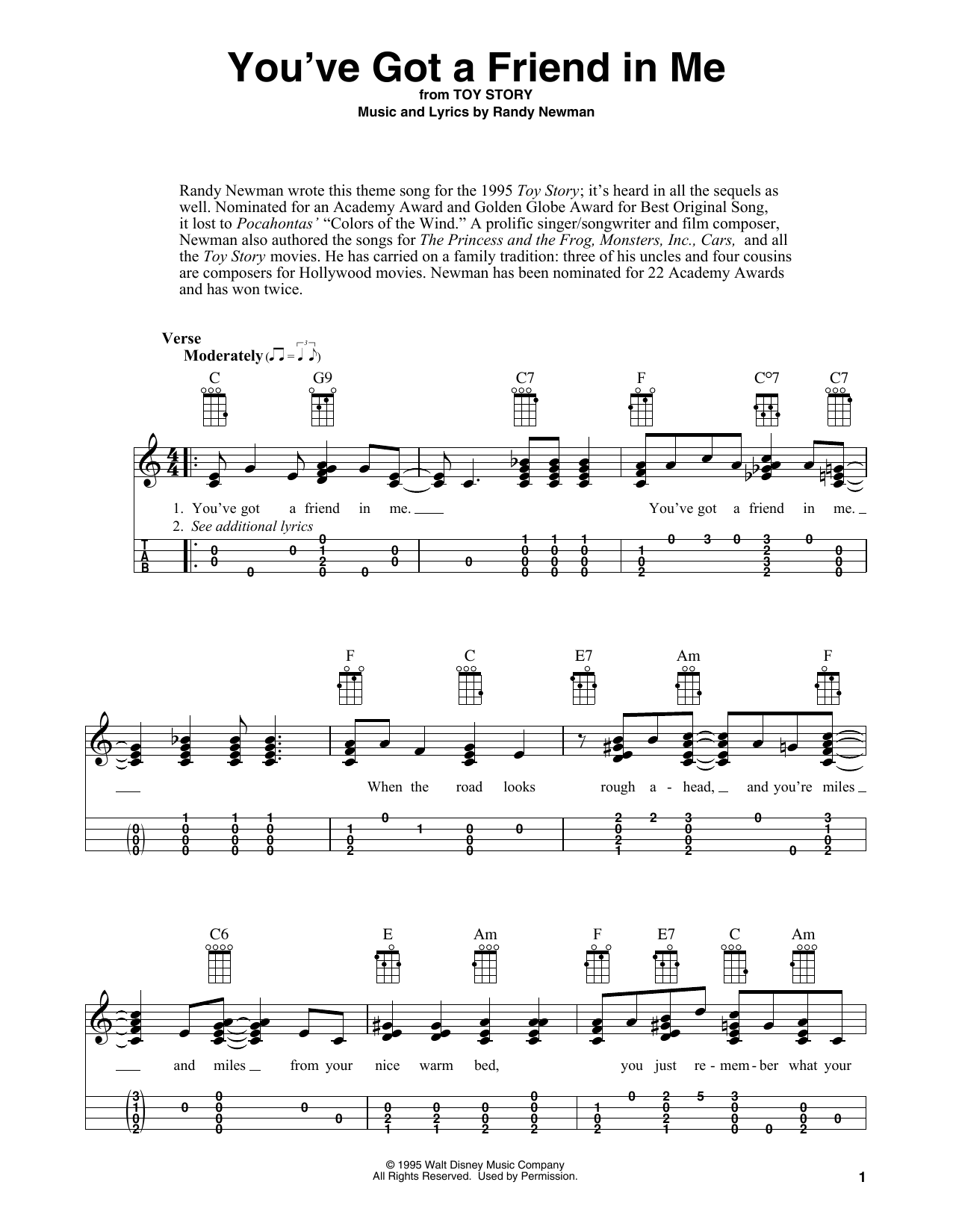 Randy Newman You've Got A Friend In Me (from Toy Story) (arr. Fred Sokolow) Sheet Music Notes & Chords for Easy Ukulele Tab - Download or Print PDF