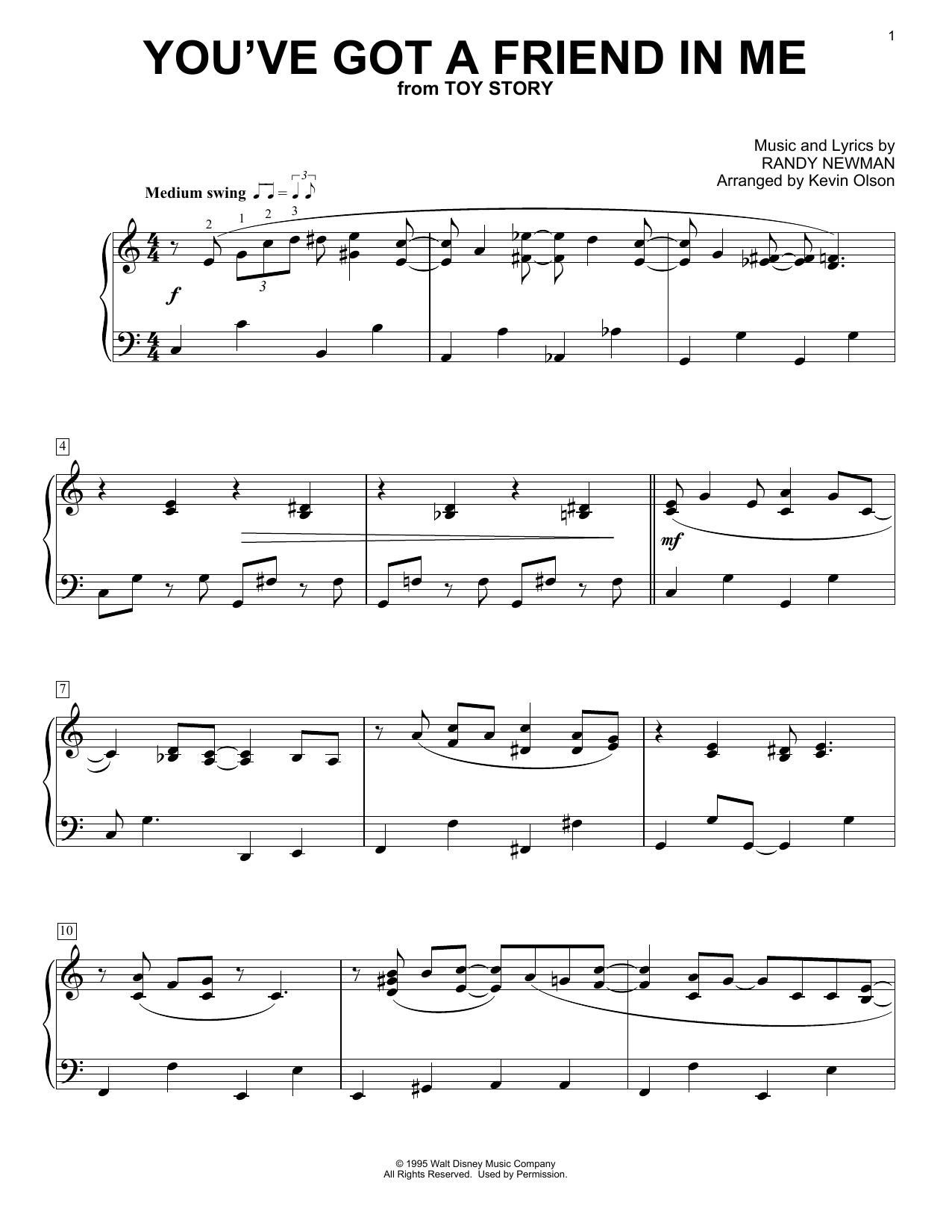 Randy Newman You've Got A Friend In Me (from Toy Story) (arr. Kevin Olson) Sheet Music Notes & Chords for Easy Piano Solo - Download or Print PDF