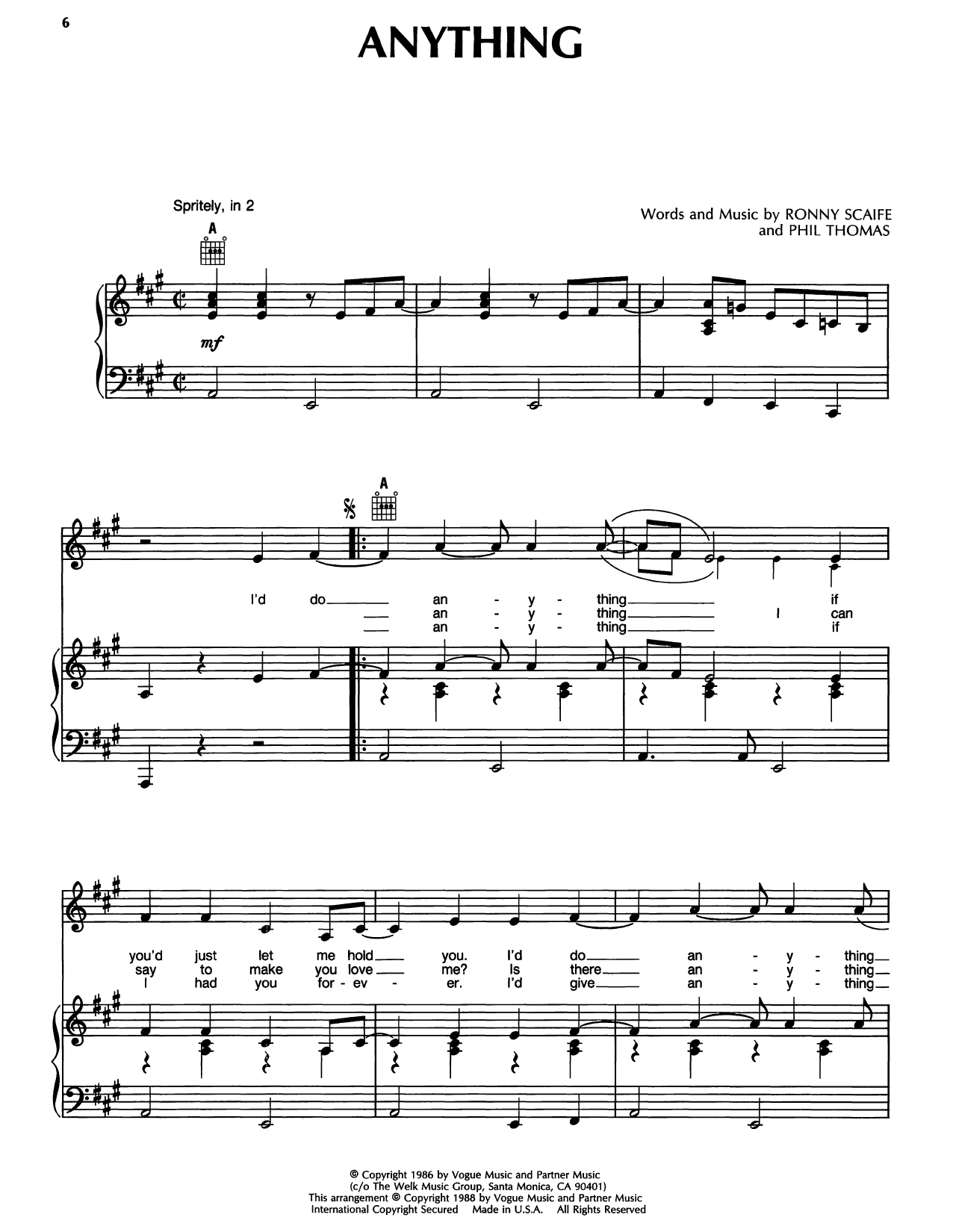 Randy Travis Anything Sheet Music Notes & Chords for Piano, Vocal & Guitar Chords (Right-Hand Melody) - Download or Print PDF