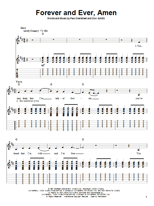 Randy Travis Forever And Ever, Amen Sheet Music Notes & Chords for Guitar Tab Play-Along - Download or Print PDF
