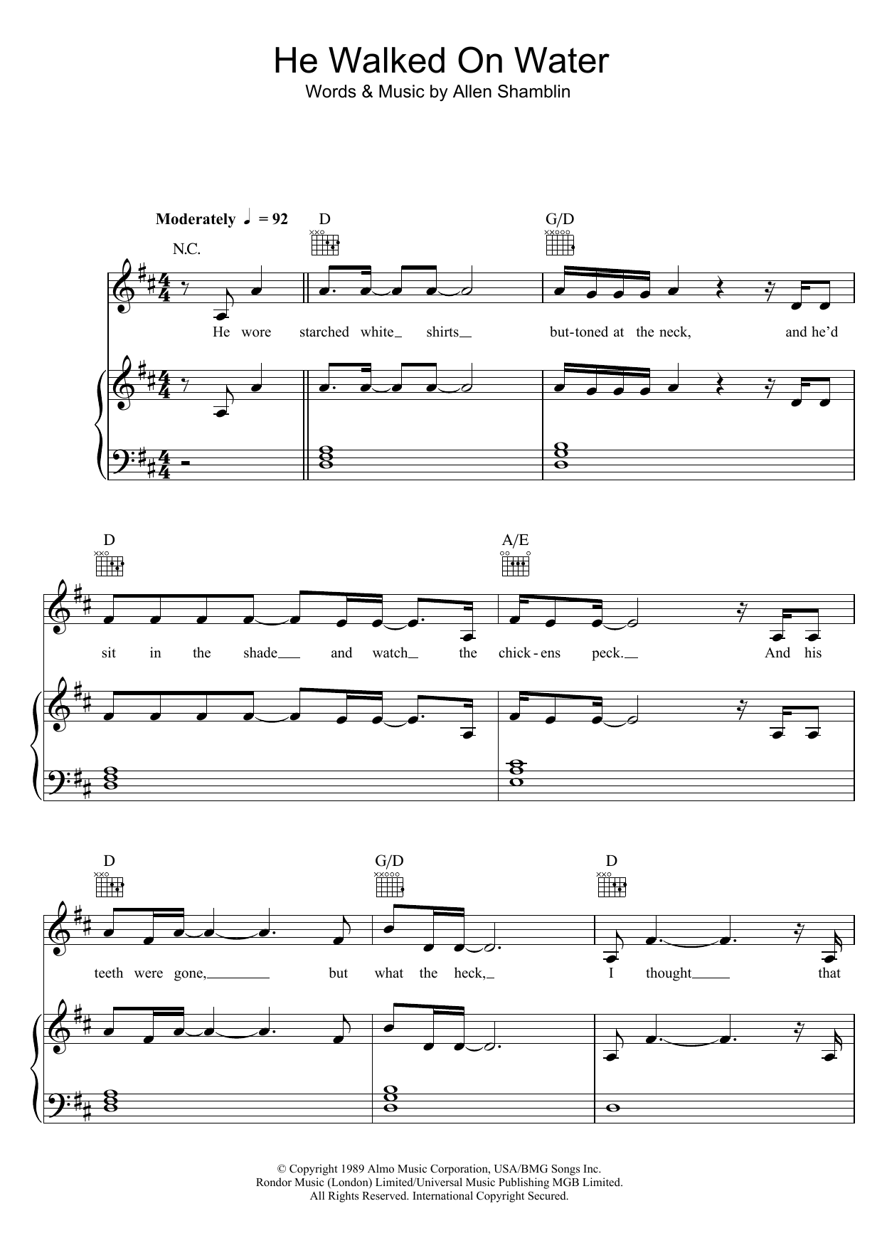 Randy Travis He Walked On Water Sheet Music Notes & Chords for Piano, Vocal & Guitar (Right-Hand Melody) - Download or Print PDF