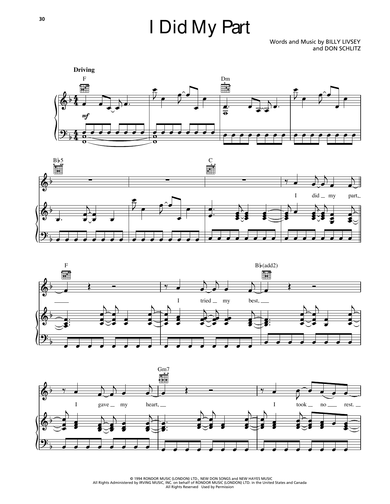 Randy Travis I Did My Part Sheet Music Notes & Chords for Piano, Vocal & Guitar Chords (Right-Hand Melody) - Download or Print PDF