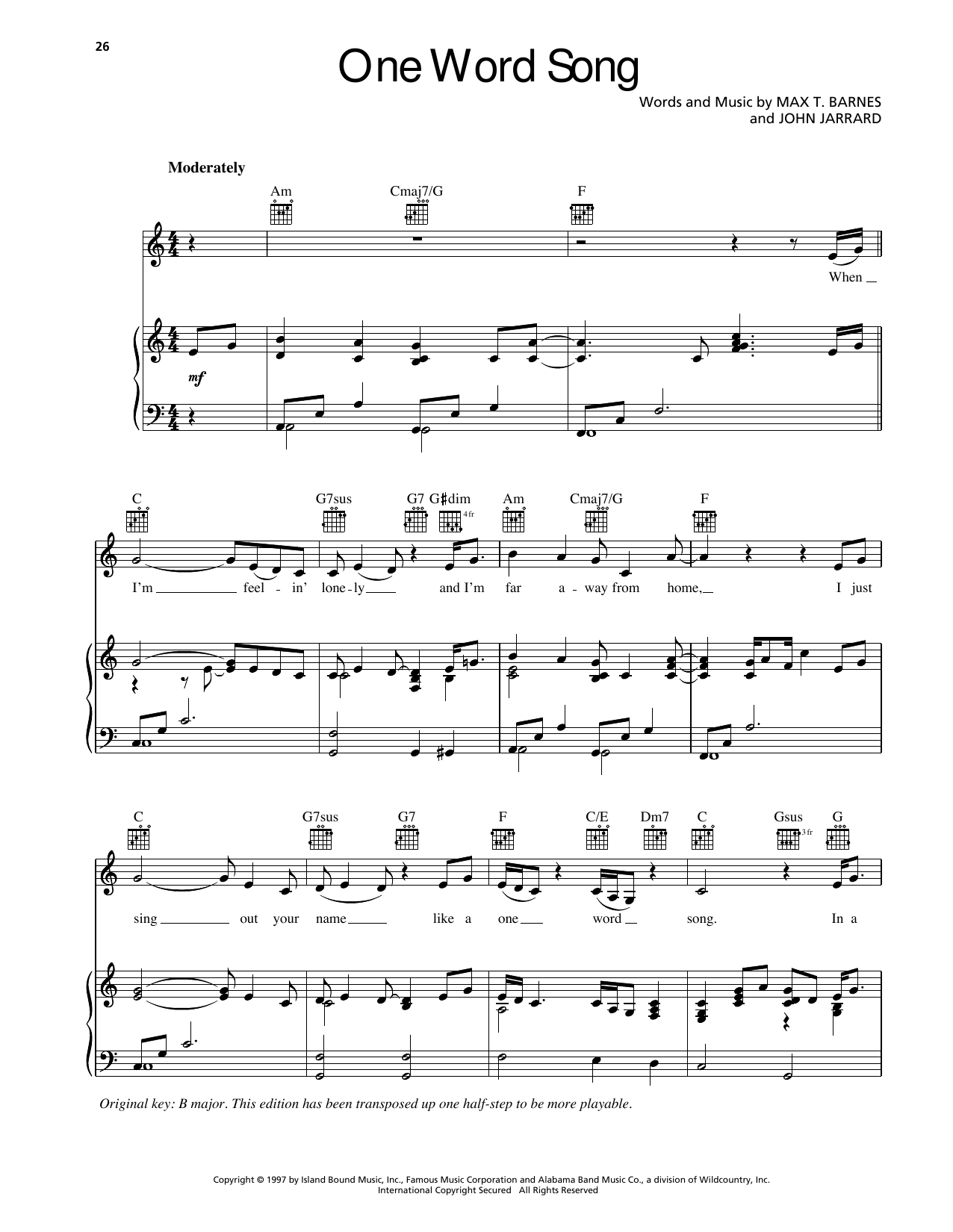 Randy Travis One Word Song Sheet Music Notes & Chords for Piano, Vocal & Guitar Chords (Right-Hand Melody) - Download or Print PDF