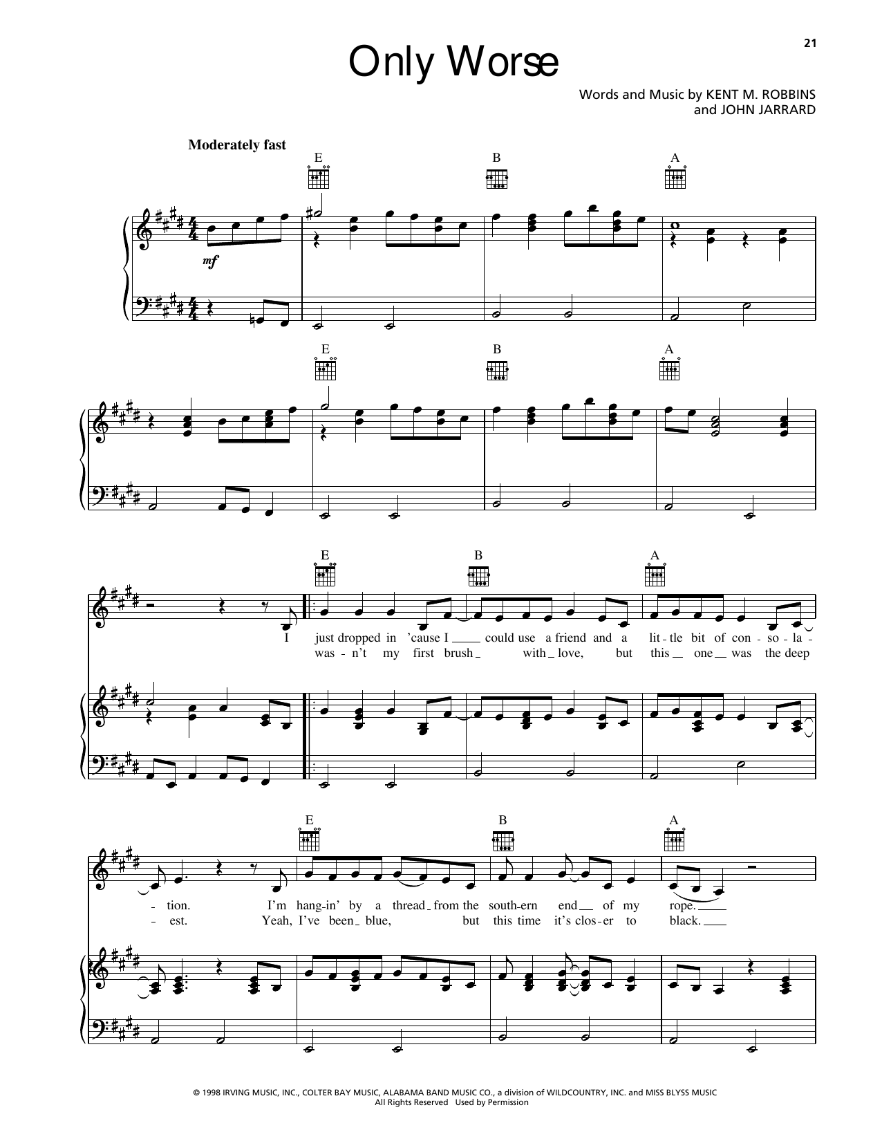 Randy Travis Only Worse Sheet Music Notes & Chords for Piano, Vocal & Guitar Chords (Right-Hand Melody) - Download or Print PDF