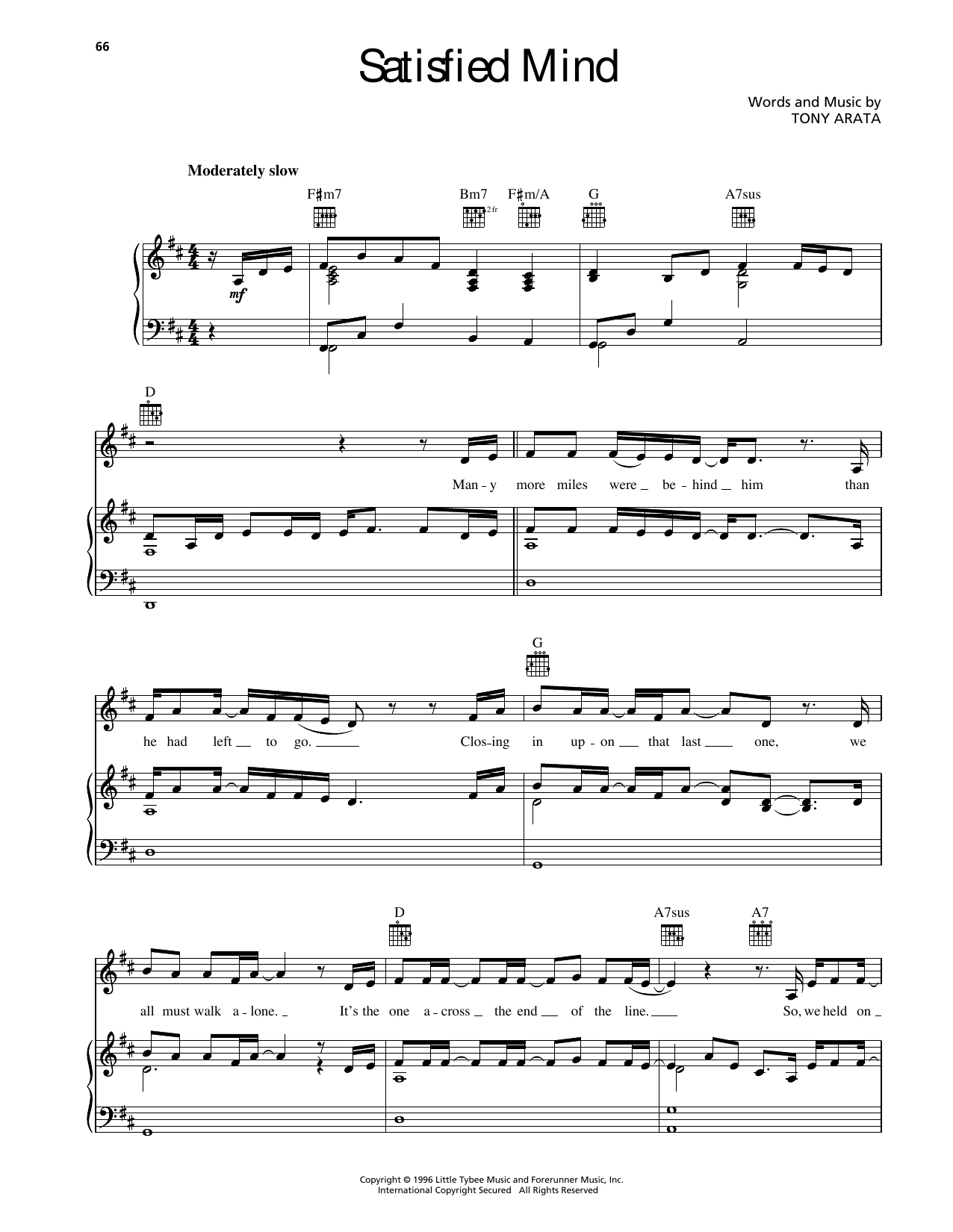 Randy Travis Satisfied Mind Sheet Music Notes & Chords for Piano, Vocal & Guitar Chords (Right-Hand Melody) - Download or Print PDF